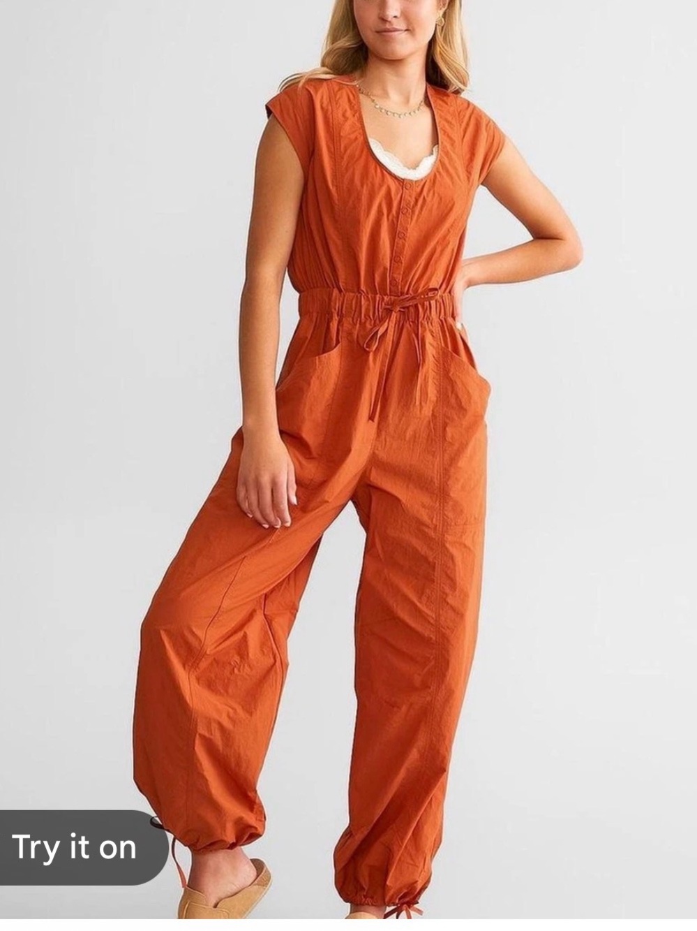 Free People Orange Drawstring Waist Sleeveless Jumpsuit